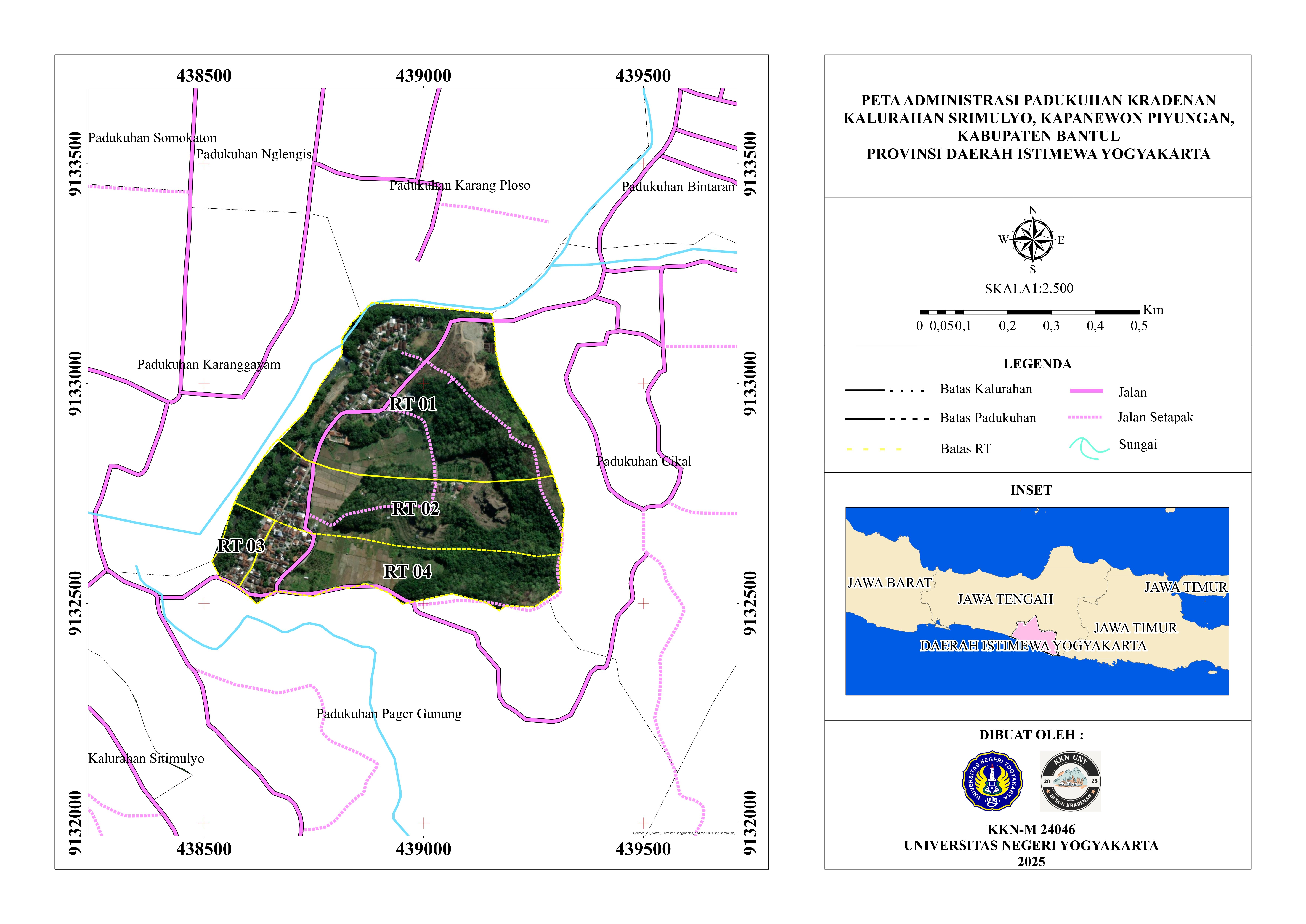 Peta Administrasi Padukuhan Kradenan - Menampilkan batas wilayah RT 01-04, batas dengan padukuhan tetangga, dan lokasi dalam Kalurahan Srimulyo, Kapanewon Piyungan, Kabupaten Bantul, Provinsi Daerah Istimewa Yogyakarta